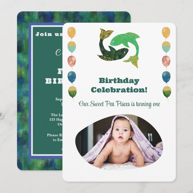Pisces 1st Birthday Photo Impressionist Gold  Invi Einladung (Vorne/Hinten)