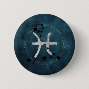 Pisces black & silber zodiac constellation aquamar button