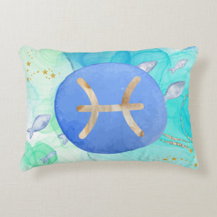 Pisces Blue Green Watercolor Astrologie Zodiac Dekokissen