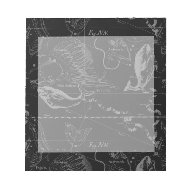 Pisces Constellation Hevelius 1690 auf Schwarz Notizblock (Vorderseite)