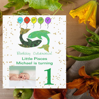 Pisces First Birthday Gold, Balloons & Foto Einladung