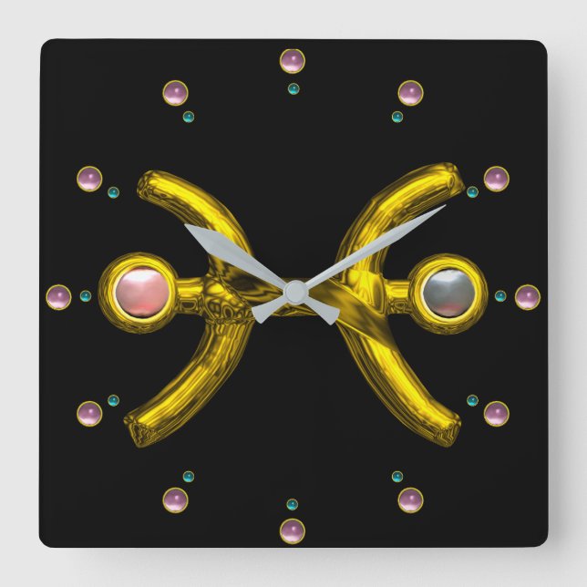 PISCES GOLD ZODIAC GEBURTSTAG JEWEL MIT PEARL, Bla Quadratische Wanduhr (Vorderseite)