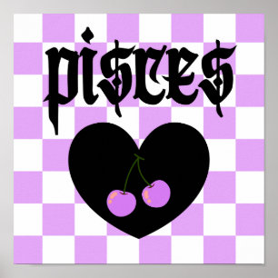 Pisces Gothic Aesthetic Checkered Cherry Art Poster