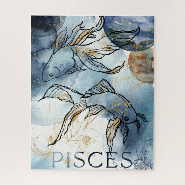Pisces twin fish zodiac black gold flowers planets puzzle (Vertikal)