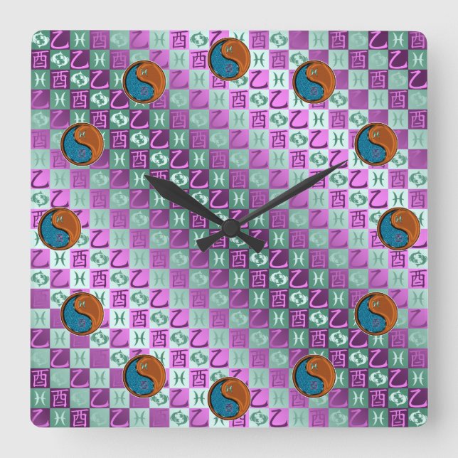 Pisces & Wood Rooster Quadratische Wanduhr (Vorderseite)