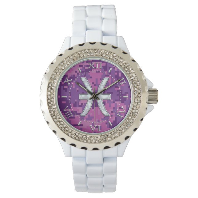 Pisces Zodiac auf Fuchsia Pink Camouflage Dial Armbanduhr (Vorderseite)