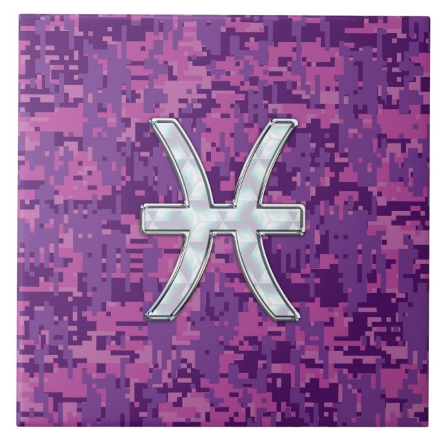 Pisces Zodiac auf Fuchsia Pink Digital Camouflage Fliese (Vorderseite)