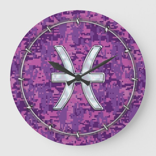 Pisces Zodiac auf Fuchsia Pink Digital Camouflage Große Wanduhr (Vorderseite)