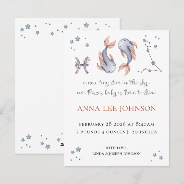 Pisces Zodiac Birth Announcement Feiertagskarte (Vorne/Hinten)