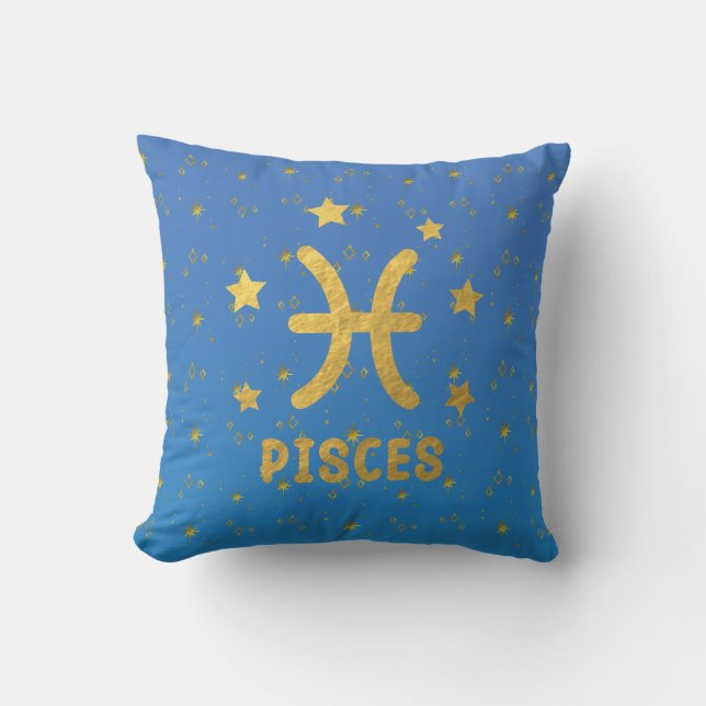 Pisces Zodiac Blue and Gold Throw Pillow Kissen (Vorderseite)