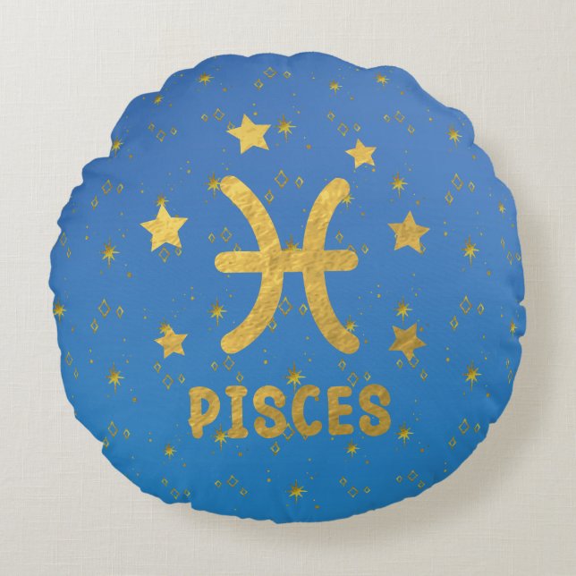 Pisces Zodiac Blue und Gold Round Pillow Rundes Kissen (Vorderseite)