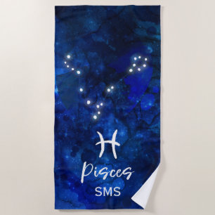 Pisces Zodiac Constellation Blue Galaxy Monogram Strandtuch