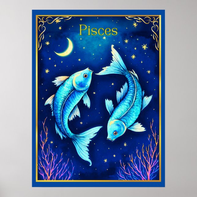Pisces Zodiac Fish Swimming in Cosmic Waters Poster (Vorne)