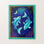 Pisces Zodiac Fish Swimming in Cosmic Waters Puzzle<br><div class="desc">Puzzle in a Pisces illustration featuring two turquoise blue fish swimming in opposite directions against a starry,  deep blue background. A crescent moon and stars enhance the celestial theme,  evoking the imaginative spirit of the Pisces zodiac sign.</div>