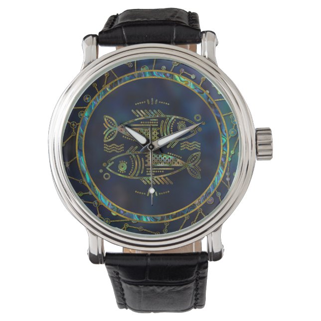 Pisces Zodiac Gold Abalone auf Konstellation Armbanduhr (Vorderseite)