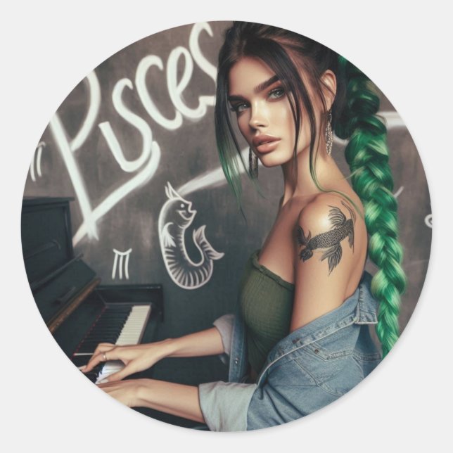 Pisces Zodiac Musician Piano Runder Aufkleber (Vorderseite)