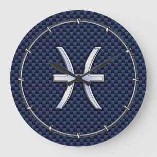 Pisces Zodiac on Blue Carbon Fiber Print Große Wanduhr