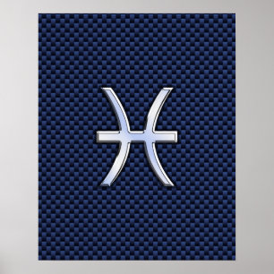 Pisces Zodiac Sign auf Blue Carbon Fibre Print Poster