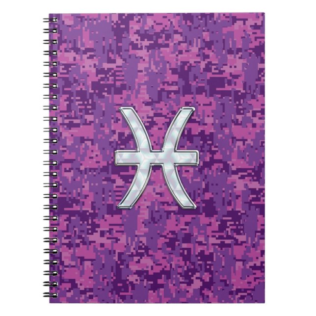 Pisces Zodiac Sign auf Fuchsia Digital Camouflage Notizblock (Vorderseite)