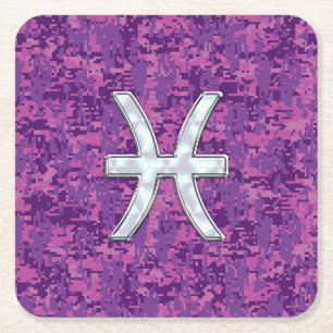 Pisces Zodiac Sign auf Fuchsia Digital Camouflage Rechteckiger Pappuntersetzer