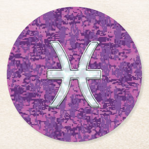 Pisces Zodiac Sign auf Fuchsia Digital Camouflage Runder Pappuntersetzer