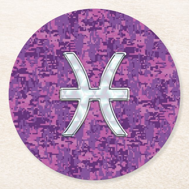 Pisces Zodiac Sign auf Fuchsia Digital Camouflage Runder Pappuntersetzer (Vorderseite)