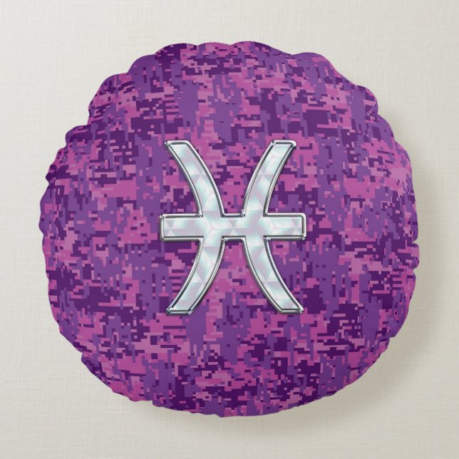 Pisces Zodiac Sign auf Fuchsia Digital Camouflage Rundes Kissen (Vorderseite)