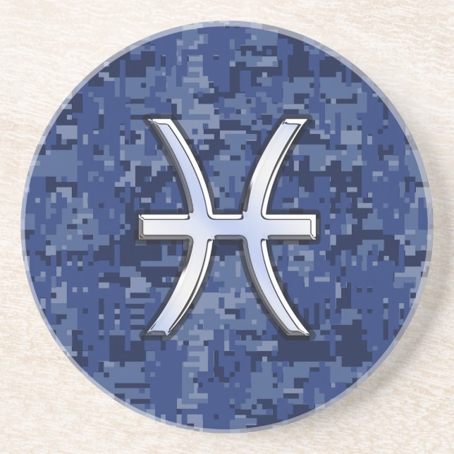 Pisces Zodiac Sign auf Navy Blue Digital Camouflag Sandstein Untersetzer (Vorne)