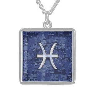 Pisces Zodiac Sign auf Navy Blue Digital Camouflag Sterling Silberkette