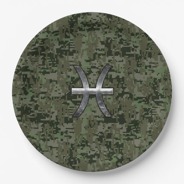 Pisces Zodiac Sign auf Woodland Digital Camouflage Pappteller (Vorderseite)