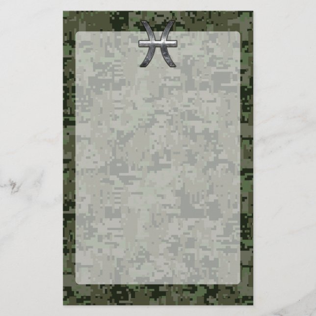 Pisces Zodiac Sign auf Woodland Green Digital Camo Briefpapier (Vorderseite)