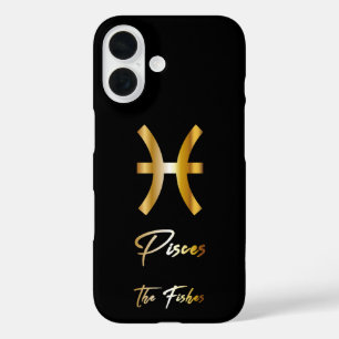 Pisces Zodiac Sign, Black & Gold iPhone 16 Hülle