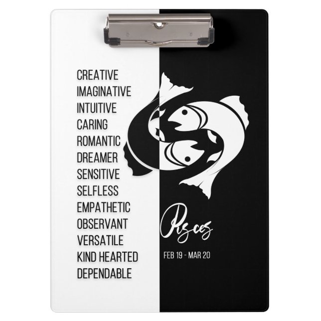 Pisces Zodiac Sign Black & White Clipboard Klemmbrett (Vorderseite)
