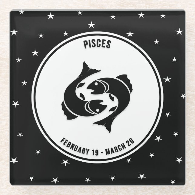Pisces Zodiac Sign, Black & White Glass Untersetze Glasuntersetzer (Vorderseite)