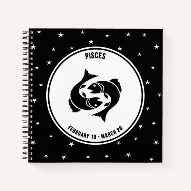 Pisces Zodiac Sign, Black & White Notebook Notizbuch (Vorderseite)
