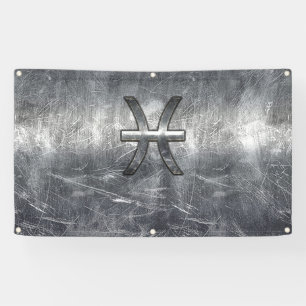 Pisces Zodiac Sign in Grunge Silver Steel Style Banner