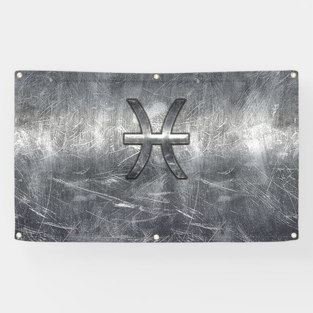 Pisces Zodiac Sign in Grunge Silver Steel Style Banner (Horizontal)