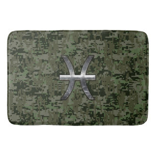 Pisces Zodiac Sign on Woodland Digital Camo Badematte