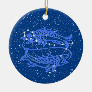 Pisces Zodiac Sign with Stars on Deep Blue Keramik Ornament
