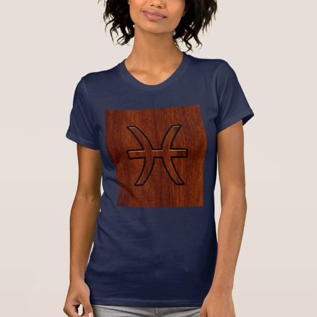 Pisces Zodiac Signierung im Mahagoni-Holzstil T-Shirt (Vorderseite)