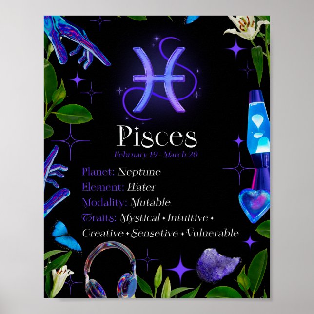 Pisces Zodiac Star Sign Y2K Black 4:5 Poster (Vorne)