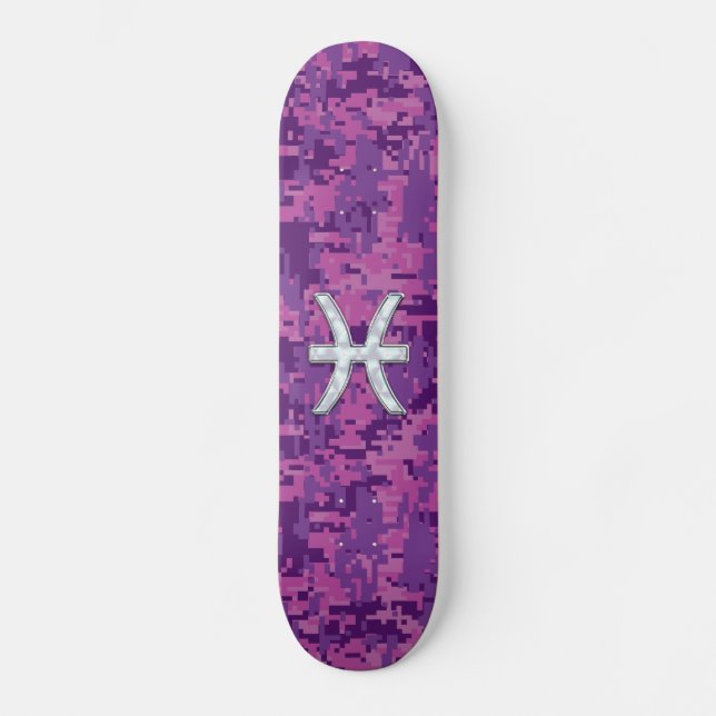 Pisces Zodiac Symbol auf Fuchsia Pink Digitale Cam Skateboard (Vorderseite)