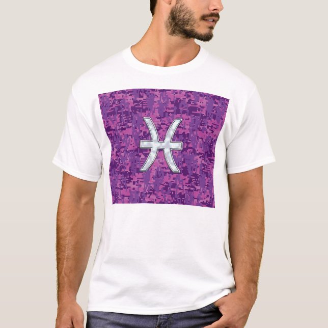 Pisces Zodiac Symbol auf Fuchsia Pink Digitale Cam T-Shirt (Vorderseite)