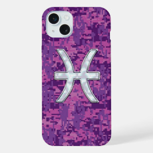 Pisces Zodiac Symbol Fuchsia Digital Camouflage iPhone 15 Plus Hülle