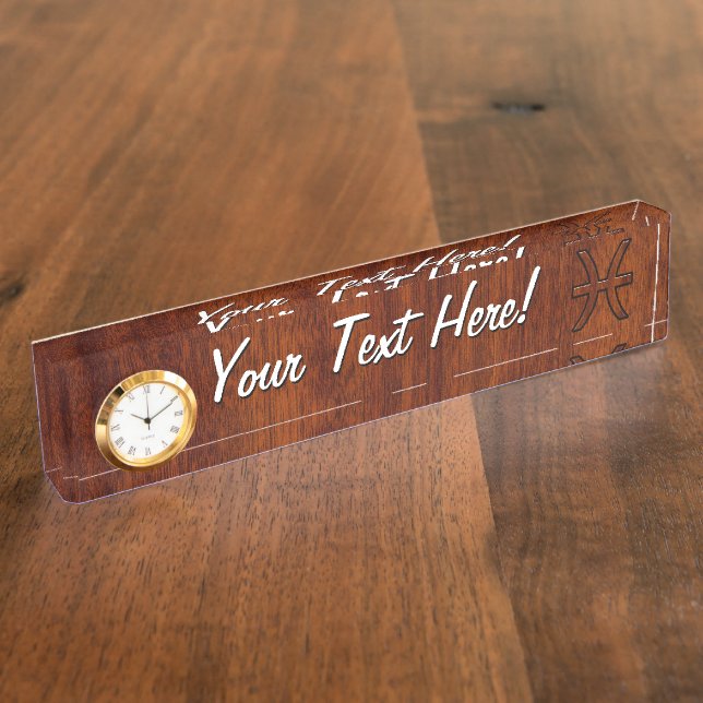 Pisces Zodiac Symbol in Mahagoniholzkornstil Namensplakette (Seite)