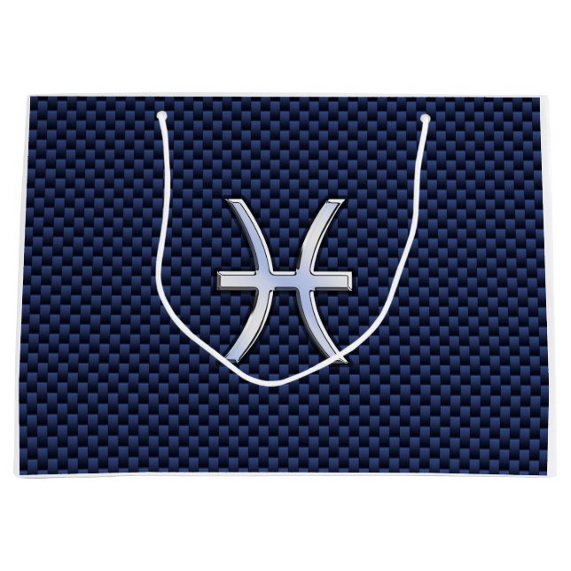 Pisces Zodiac Symbol Navy Blue Carbon Fibre Print Große Geschenktüte (Vorderseite)