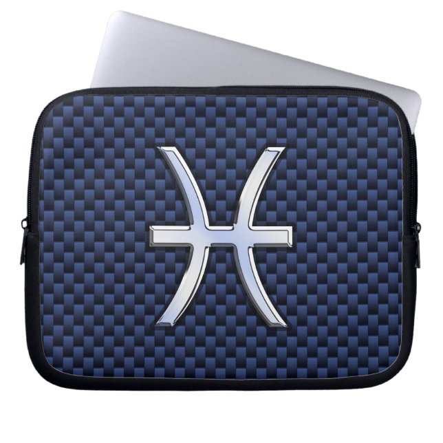 Pisces Zodiac Symbol Navy Blue Carbon Fibre Print Laptopschutzhülle (Vorderseite)
