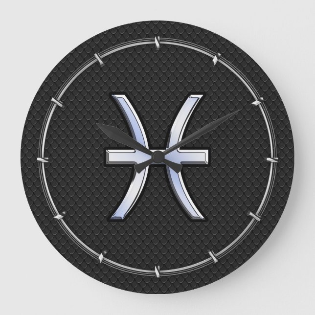 Pisces Zodiac Symbol on Black Snake Skin Decor Große Wanduhr (Vorderseite)