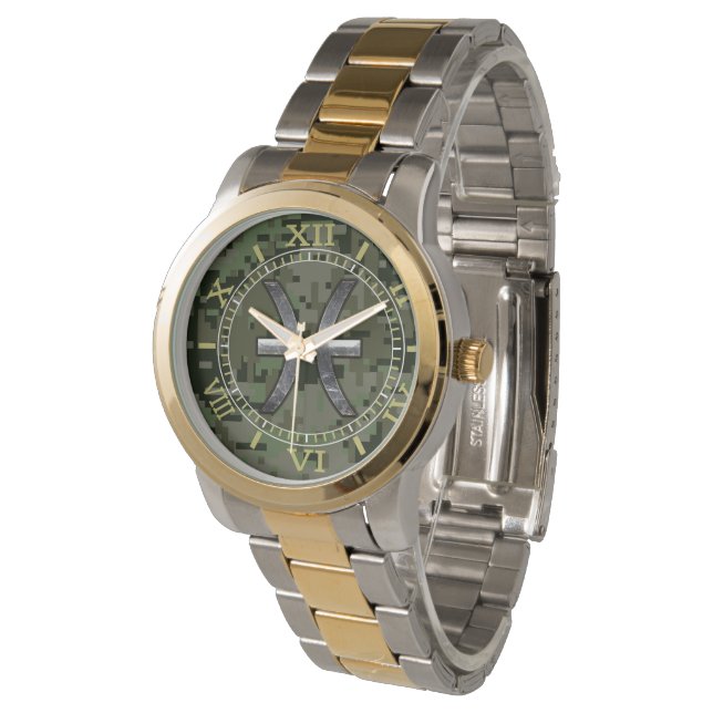 Pisces Zodiac Symbol Woodland Grüne Camouflage wäh Armbanduhr (Schrägansicht)