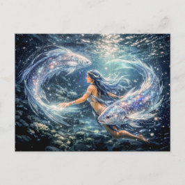 Pisces Zodiac with Woman Surrounded by Two Glowing Postkarte